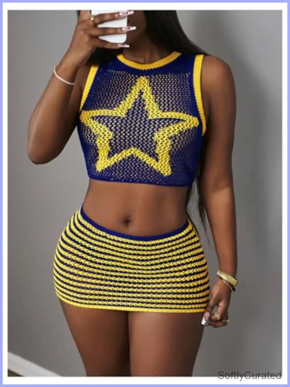 2 Piece Crochet Skirt Set Star Print Crop Tank Top Bodycon Short Skirt